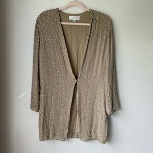 Vintage 90s Pamela Dennis Beige 100% Silk Rhinestone Encrusted Jacket 10